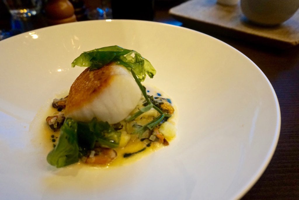 Roast cod main course at Club Zetter Wine Room & Kitchen, London