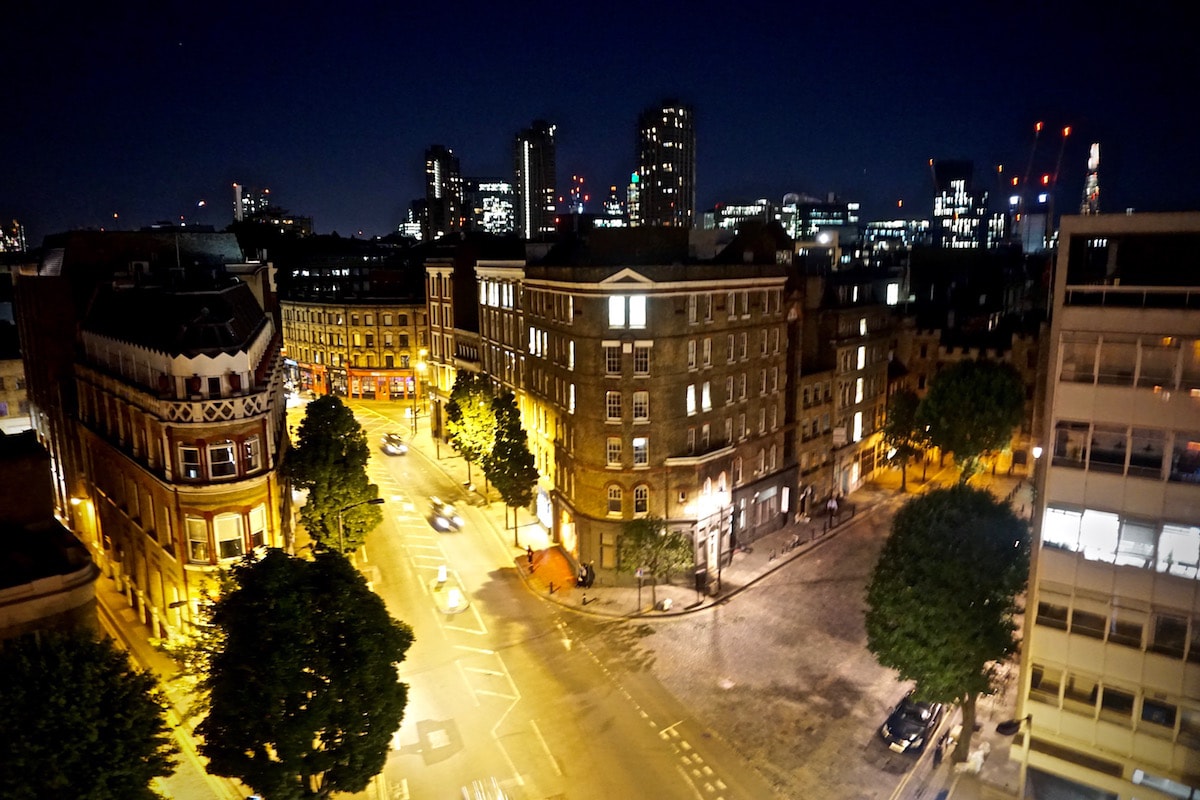 View from our terrace at night at The Zetter Hotel, London