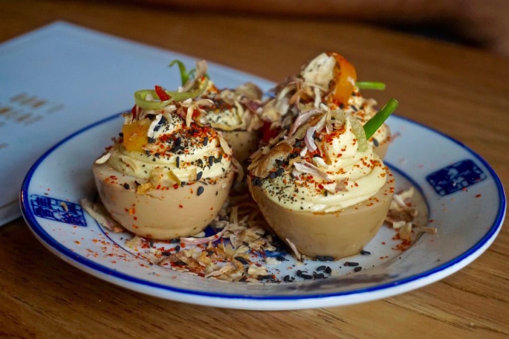 Devilled tea eggs at Baijiu Restaurant, Edmonton