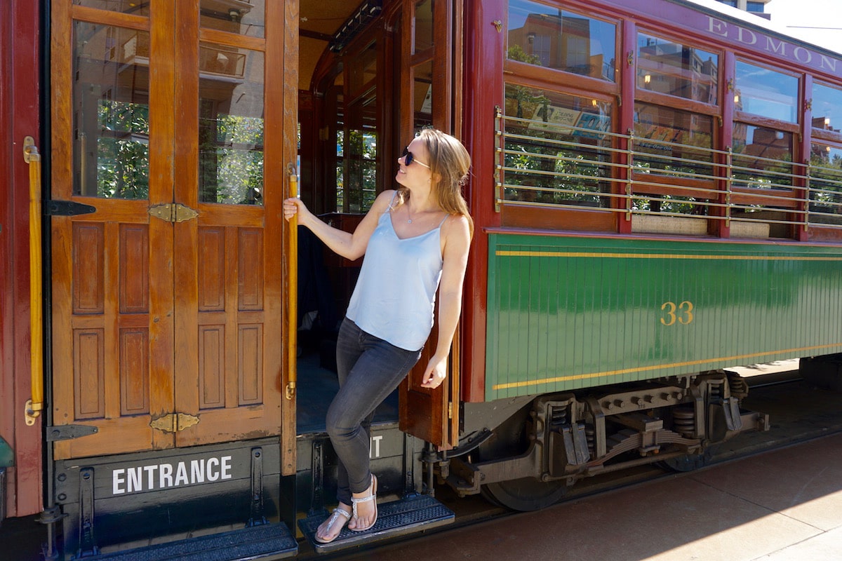 All aboard the streetcar in Edmonton, Canada