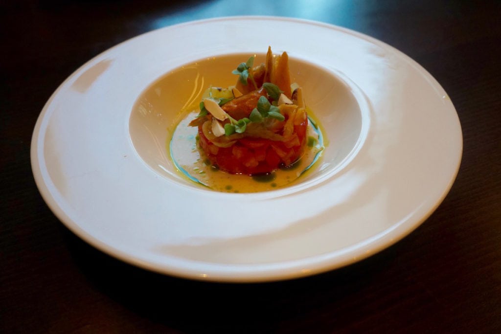 Tomato and mackerel starter at Club Zetter Wine Room & Kitchen, London