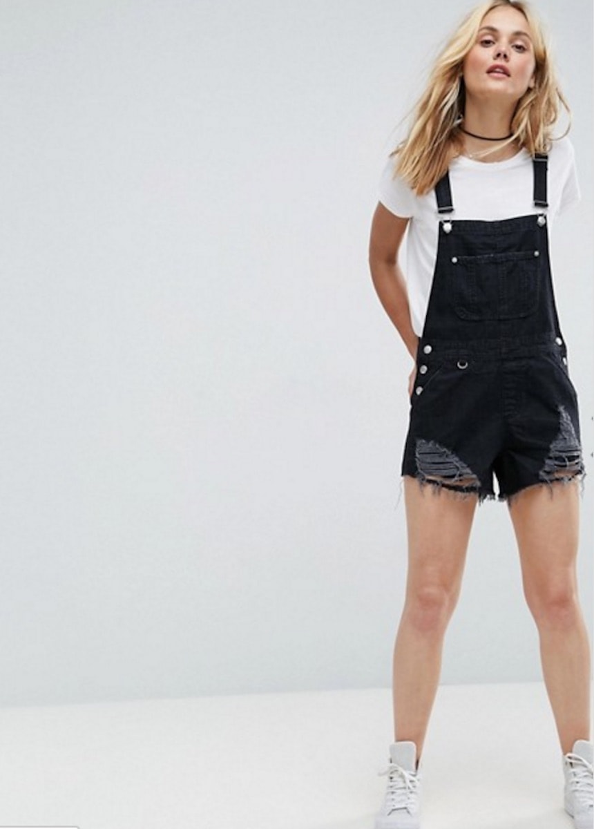 ASOS Denim Shorts Dungaree in Washed Black With Raw Hem