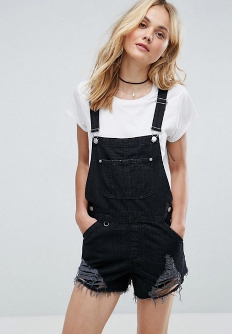 ASOS Denim Shorts Dungaree in Washed Black With Raw Hem