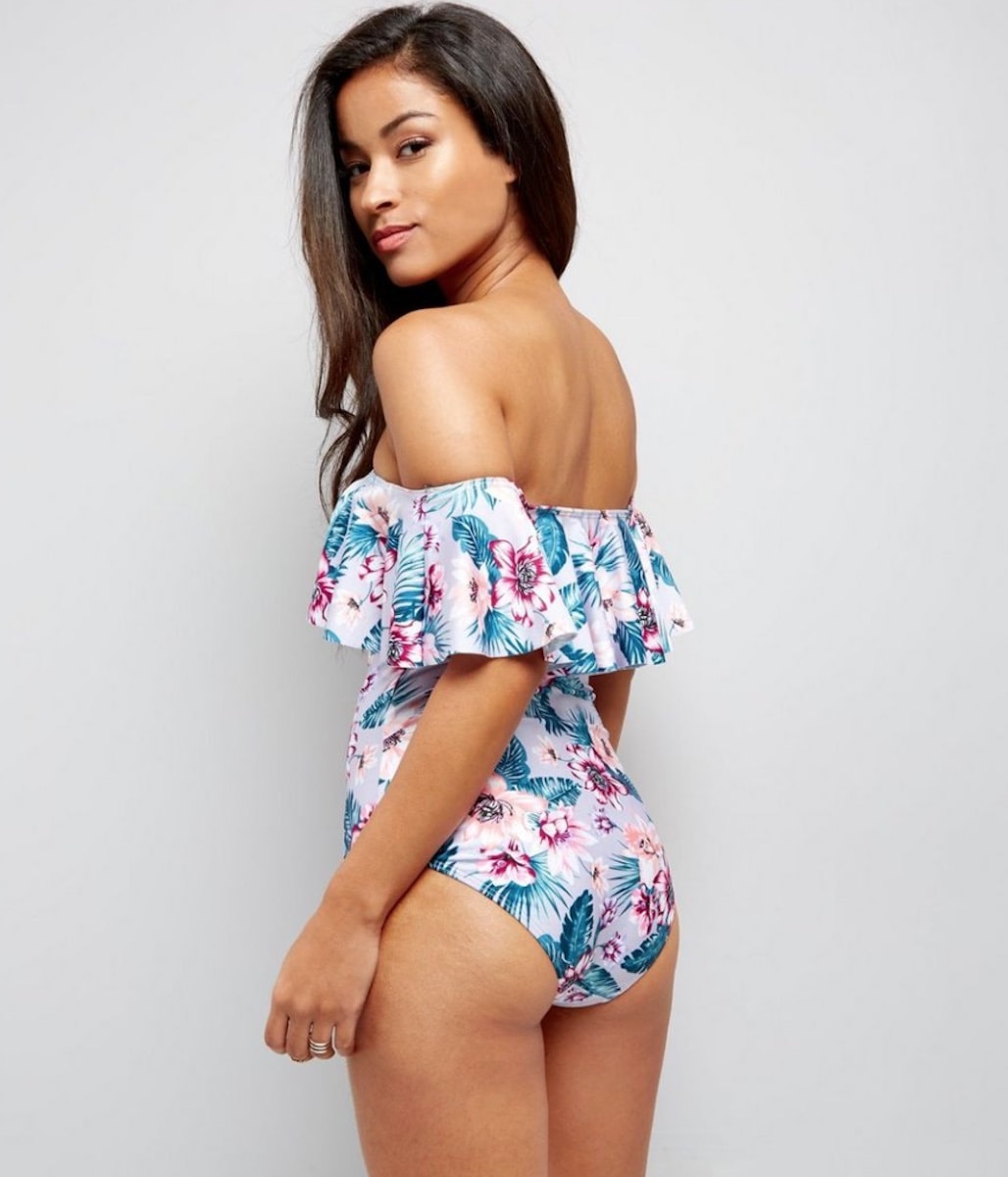 New Look Pink Tropical Print Frill Trim Bardot Neck Swimsuit