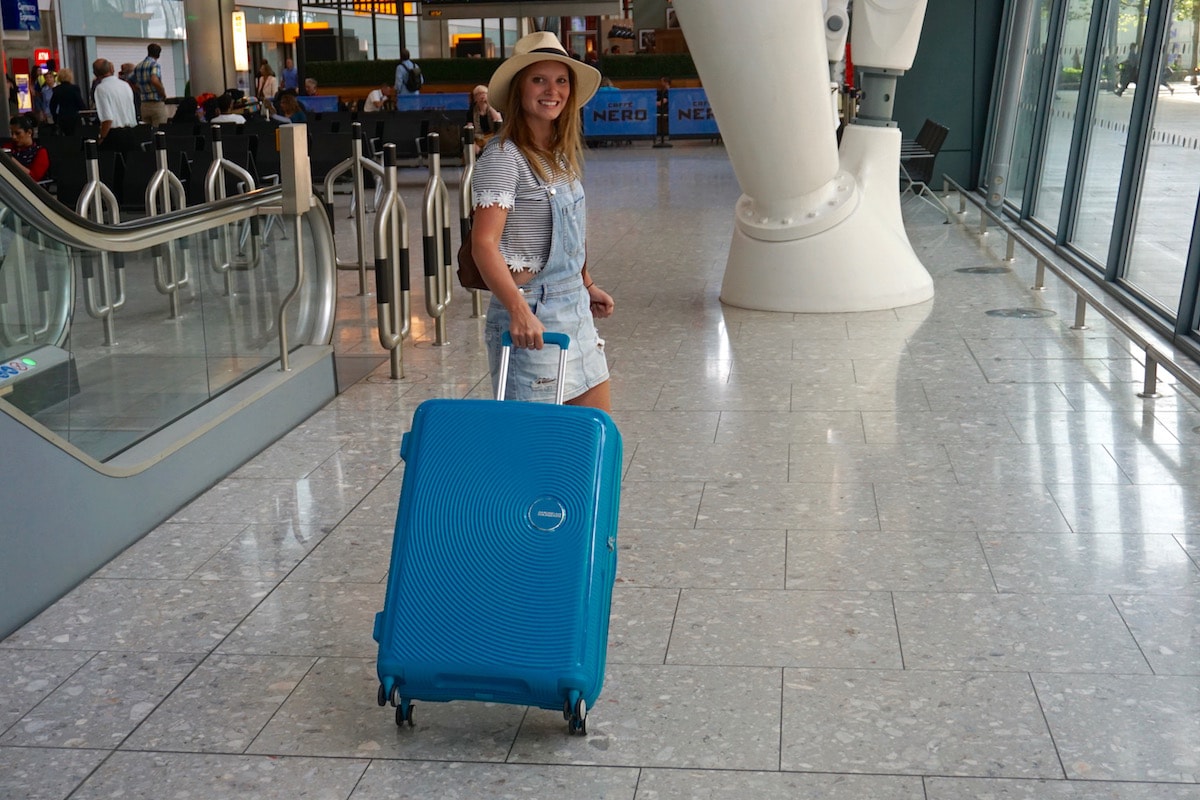 At the airport with my American Tourister Soundbox Suitcase