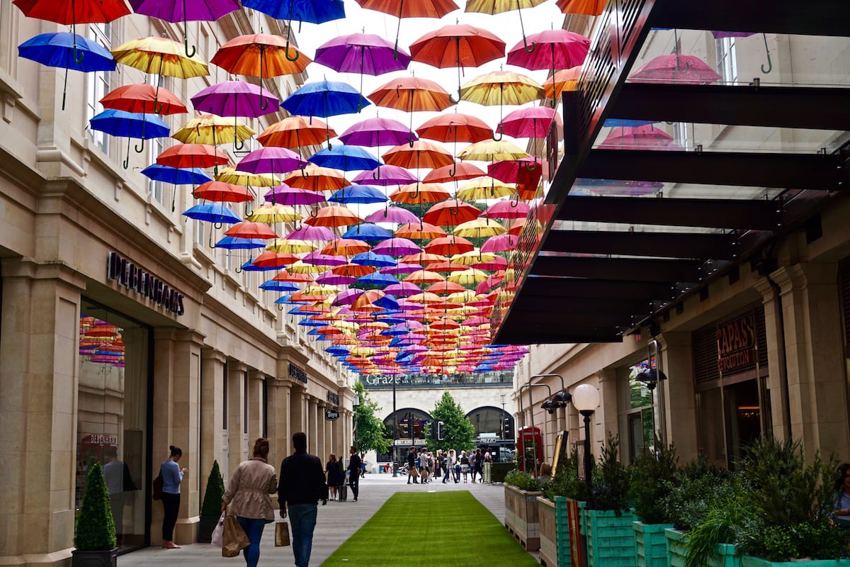 Colourful umbrellas around SouhGate, Bath