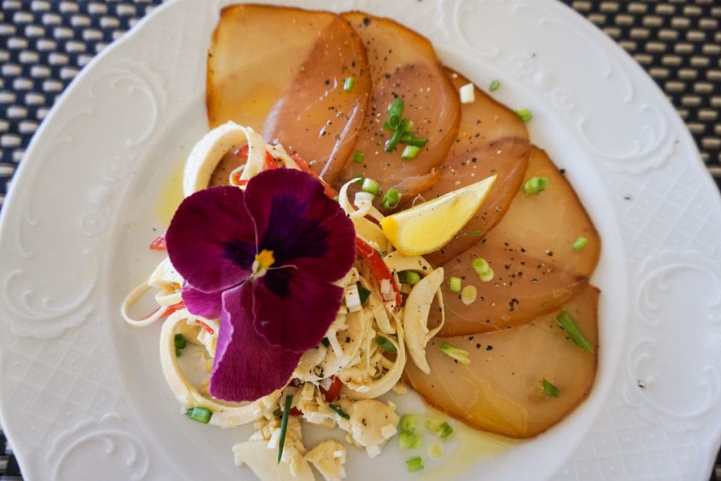 Smoked marlin and palm heart salad I made at Heritage Le Telfair, Mauritius