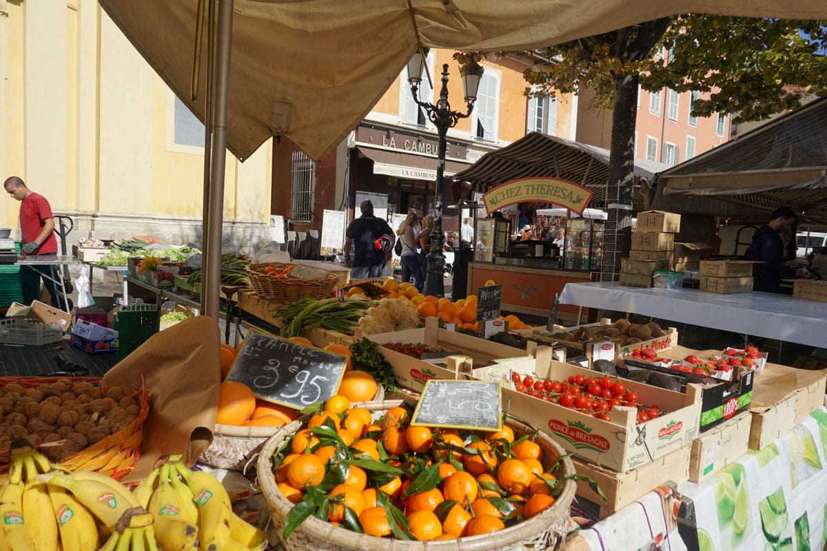 Produce on sale in Cours Saleya, Nice Market