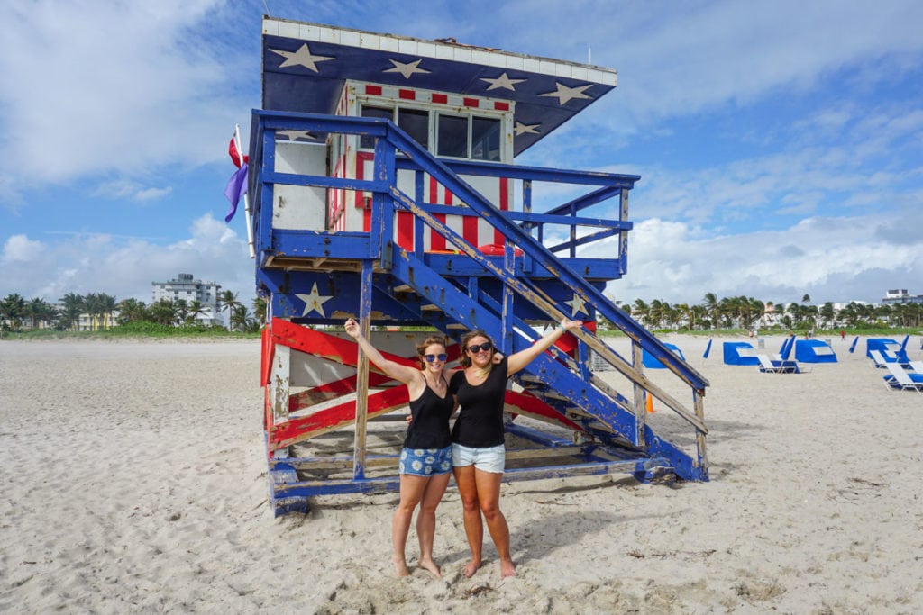 Stars and stripes lifeguard hut on South Beach, Miami