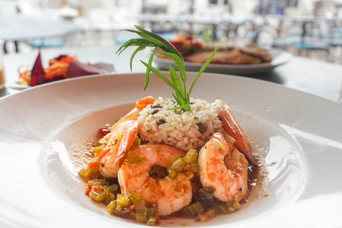 Cajun shrimp and rice at Waterfront Cafe, Barbados