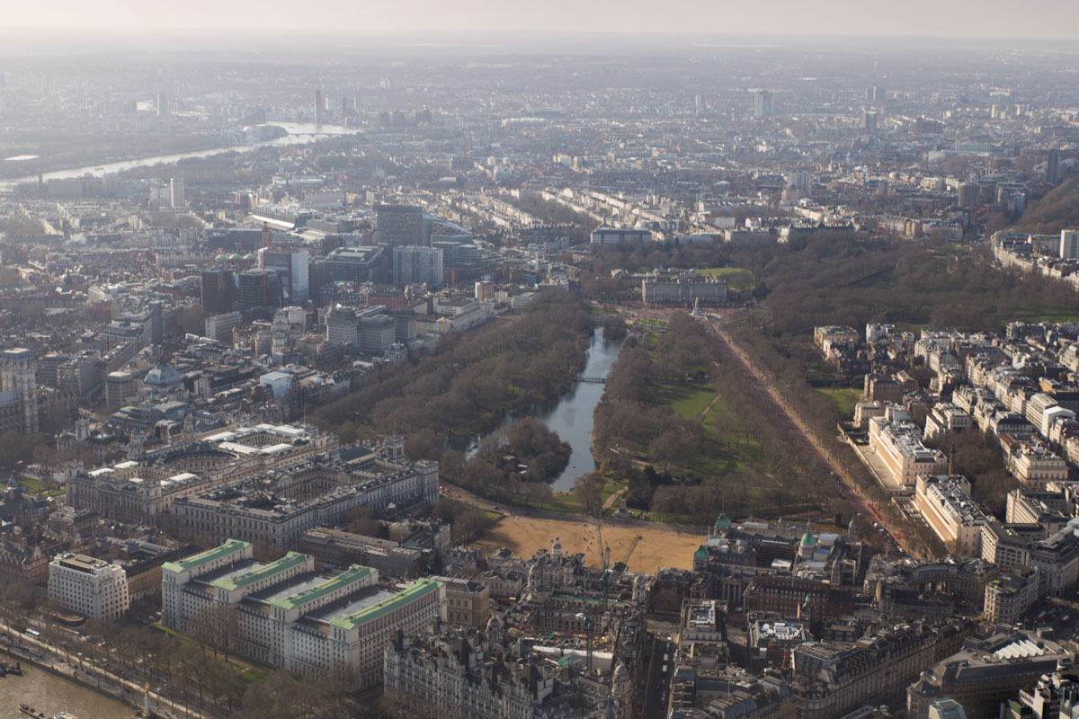 Views of Buckingham Palace from helicopter tour of London