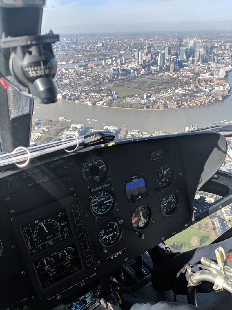 Pilot's view of Canary Wharf from helicopter tour of London