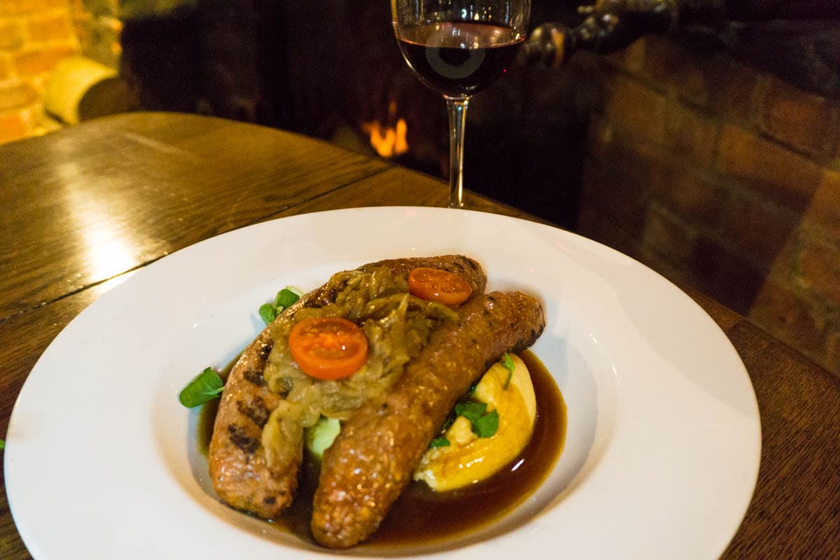 Sausage and mash at Ye Olde Fighting Cocks pub in St Albans