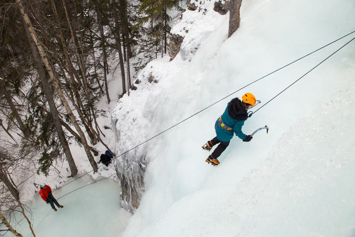 Ice climbing at The Junkyards in Alberta, Canada