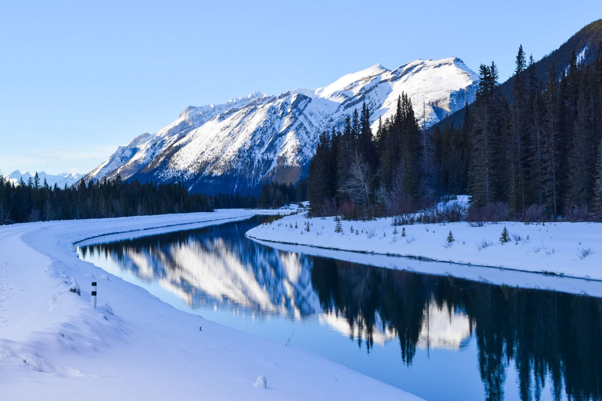 Beautiful mirror reflections on the way to Canmore, Alberta