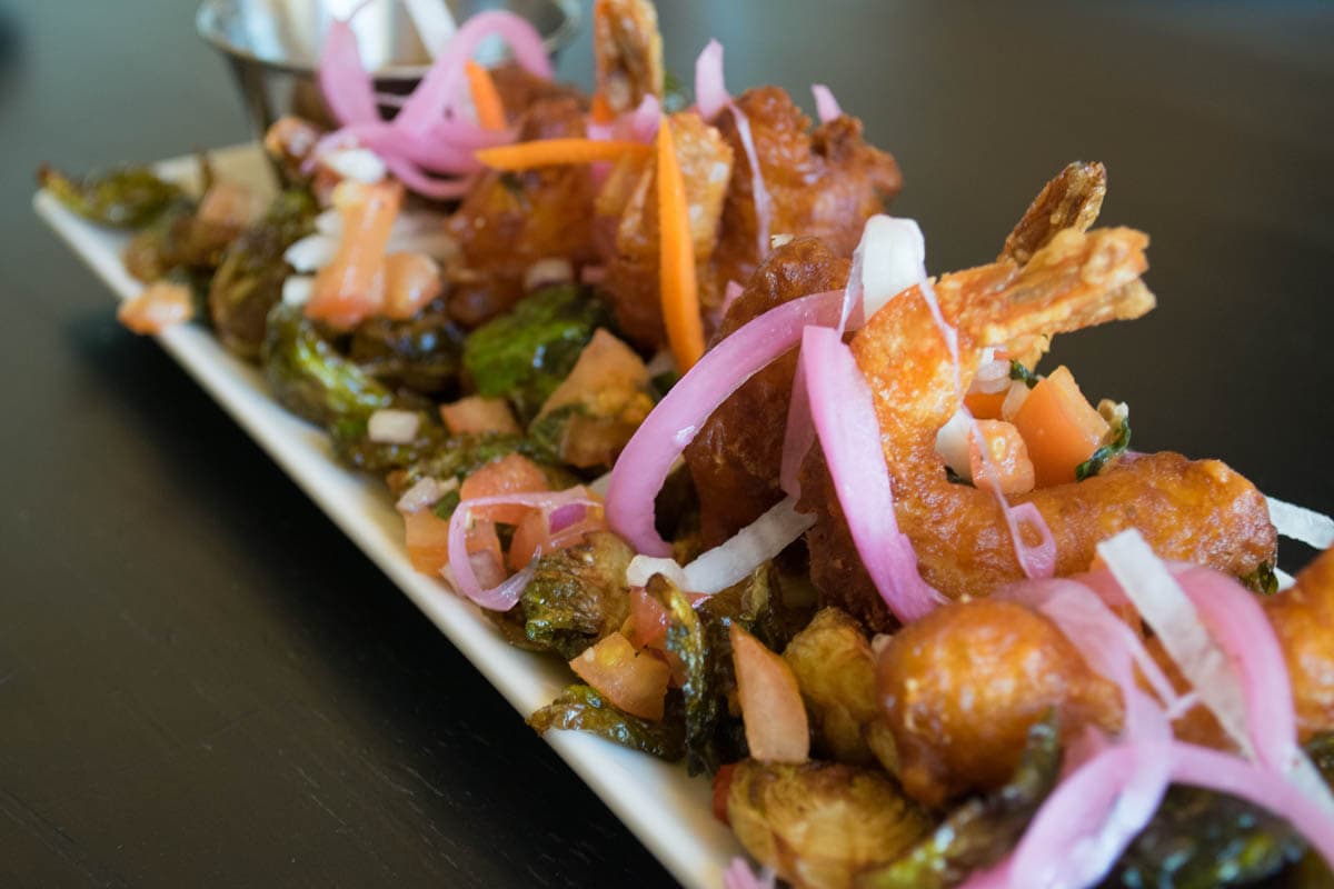 Prawns and brussels sprouts at Mount Norquay Ski Resort