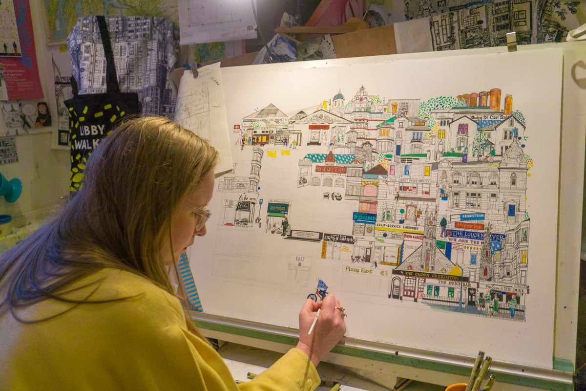 Illustrator Libby Walker at work in Glasgow's Hidden Lane