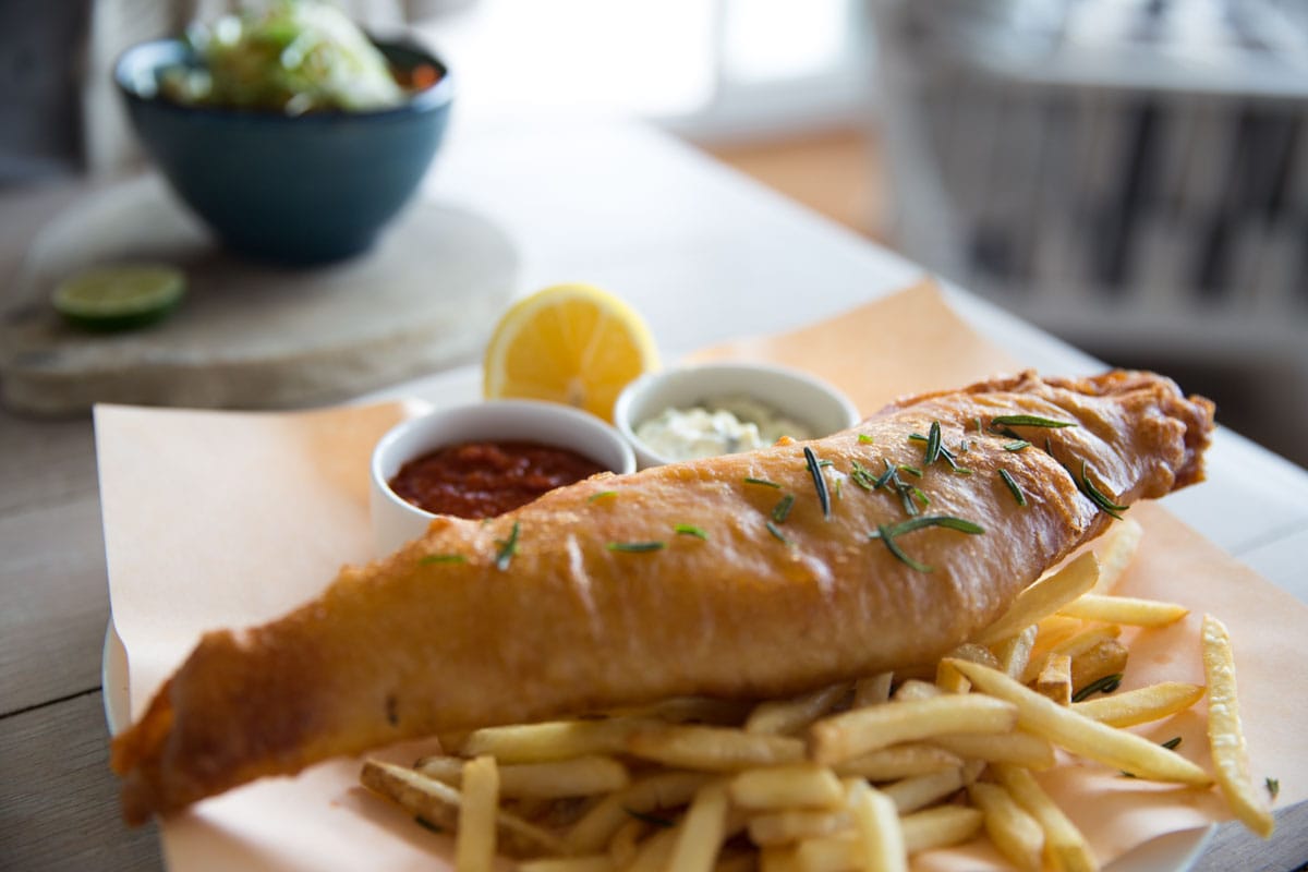 Fish and chips at Watergate Bay Hotel, Cornwall