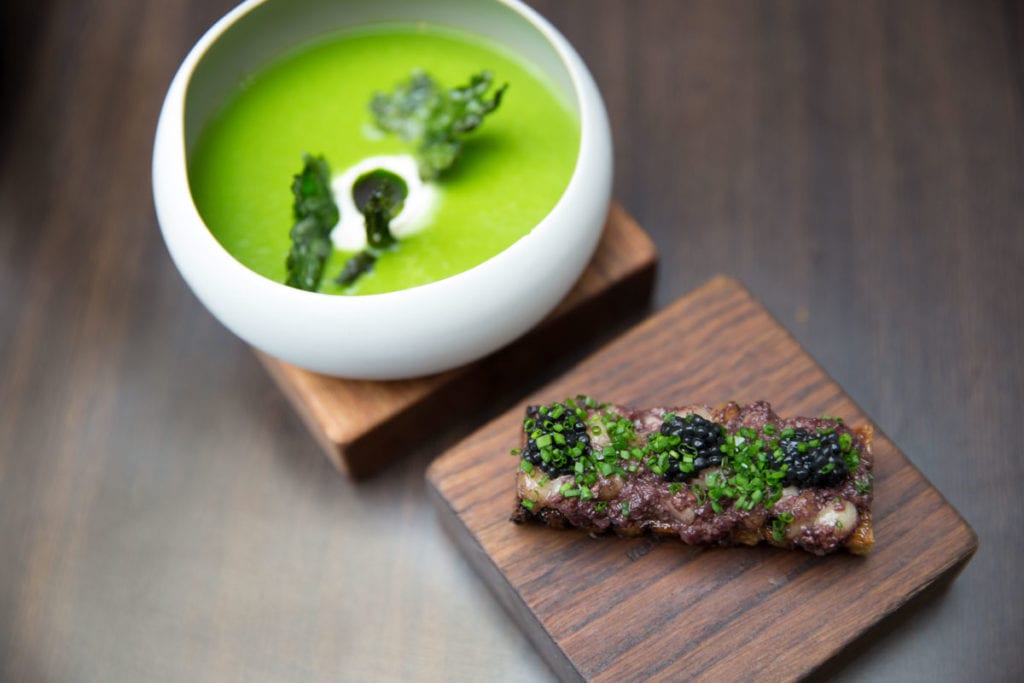 Wild garlic soup with bone marrow crouton at Paul Ainsworth At No.6, Padstow