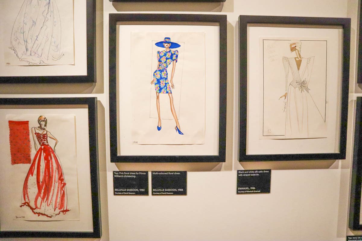 Sketches of Princess Diana's dresses, Kensington Palace, London