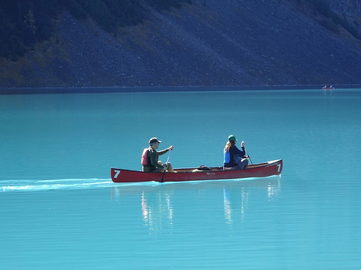 Canoeing on Lake Louise in summer