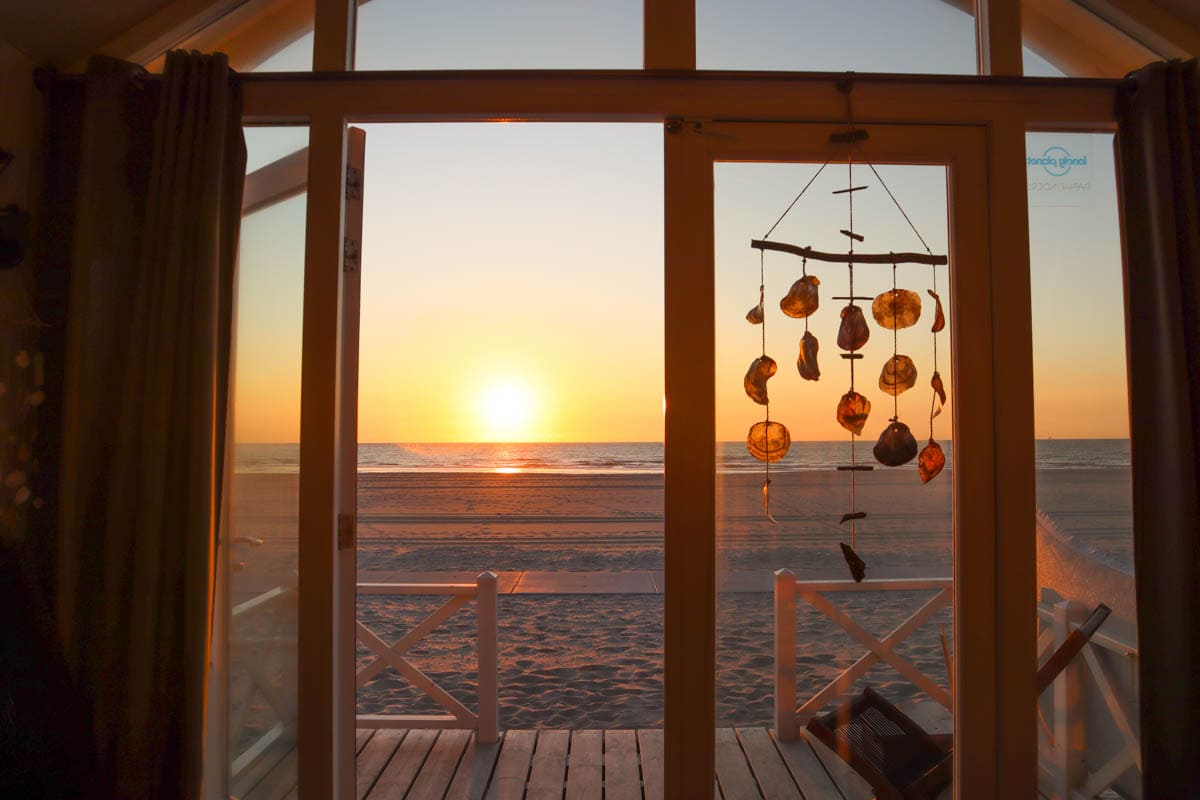 Sunset from our beach hut on Kijkduin Beach, The Hague
