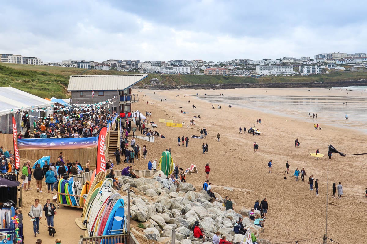 Festival area on Fistral Beach at Boardmasters 2018