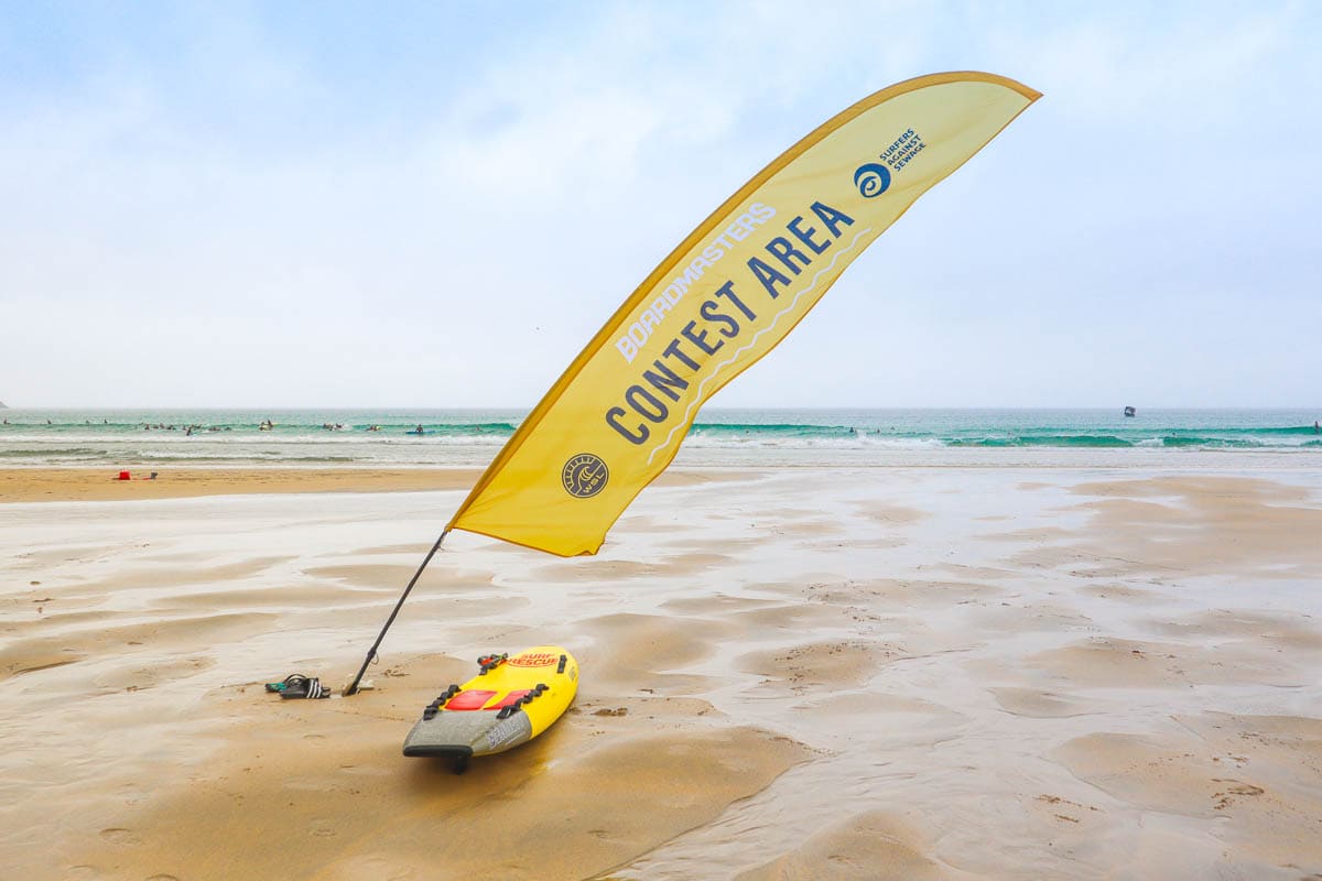 The surf contest area on Fistral Beach, Boardmasters 2018