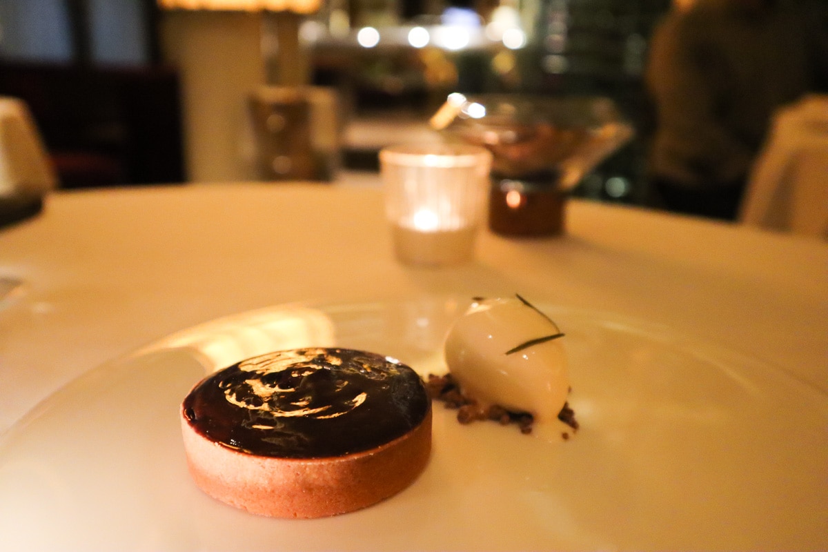 Dark chocolate tart with rosemary at Petrus Restaurant London