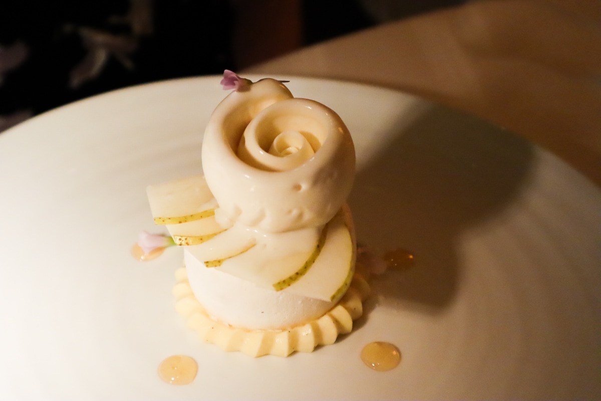 William pear dessert at Petrus Restaurant London