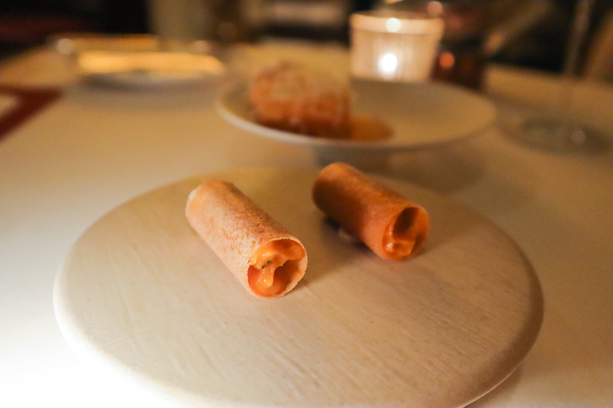 Pumpkin cannelloni canapés at Petrus Restaurant, London