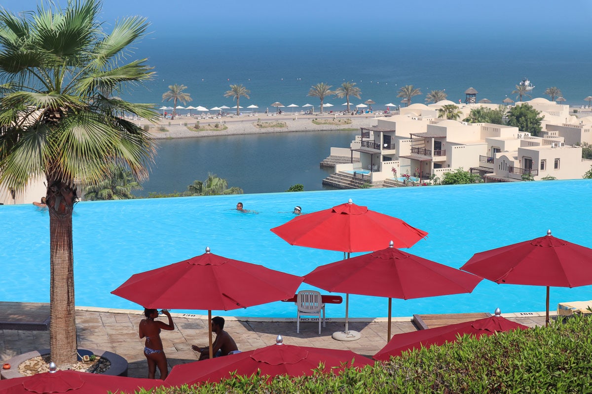 View over the infinity pool at The Cove Rotana Resort, RAK