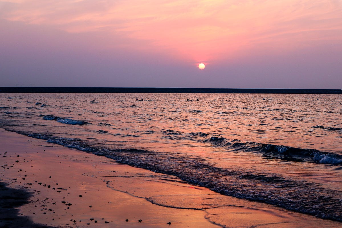 Beach views at sunset at The Cove Rotana Resort, Ras Al Khaimah, UAE, Ras Al Khaimah, UAE