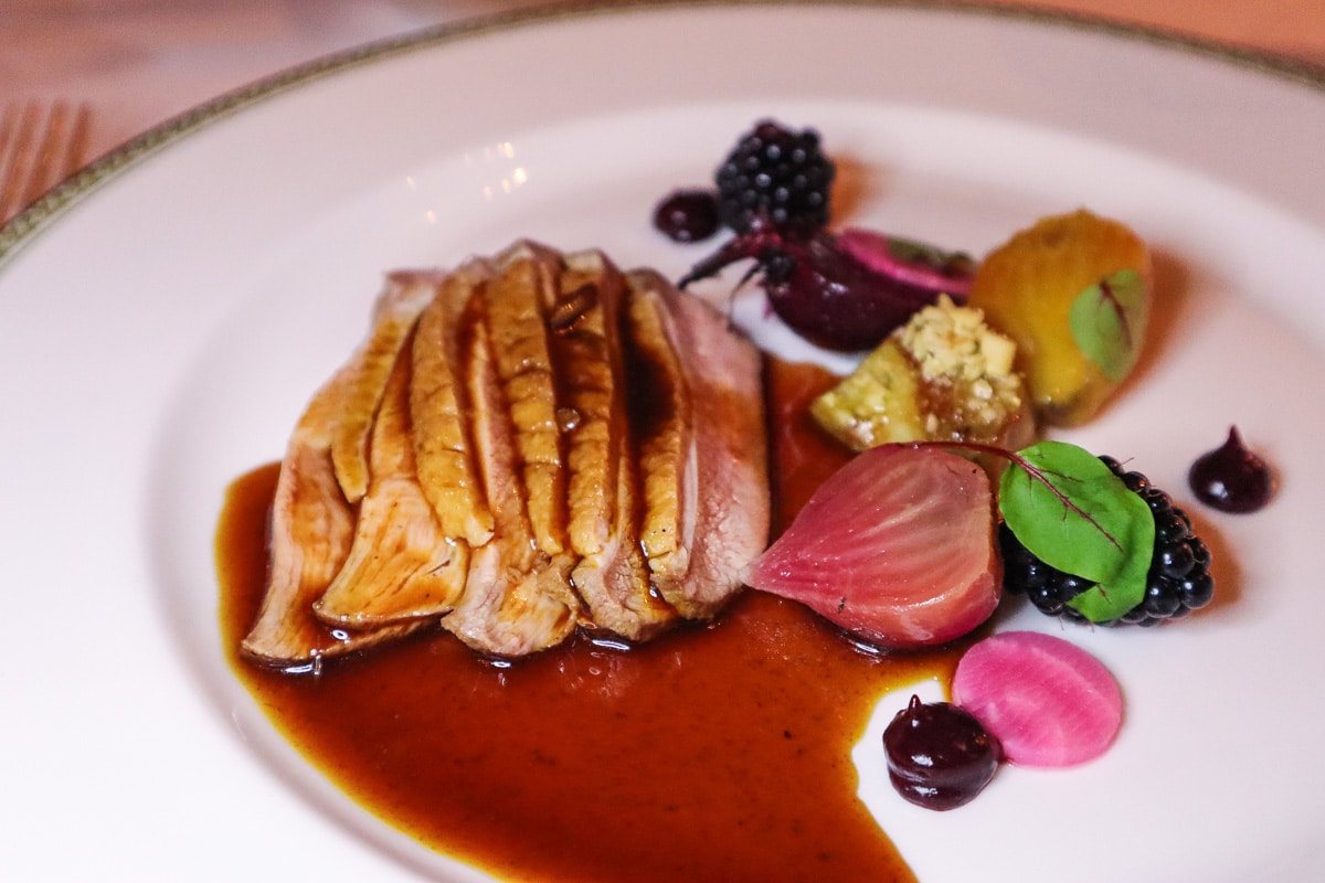 Duck with beetroot and blackberries at the Wernher Restaurant, Luton Hoo Hotel