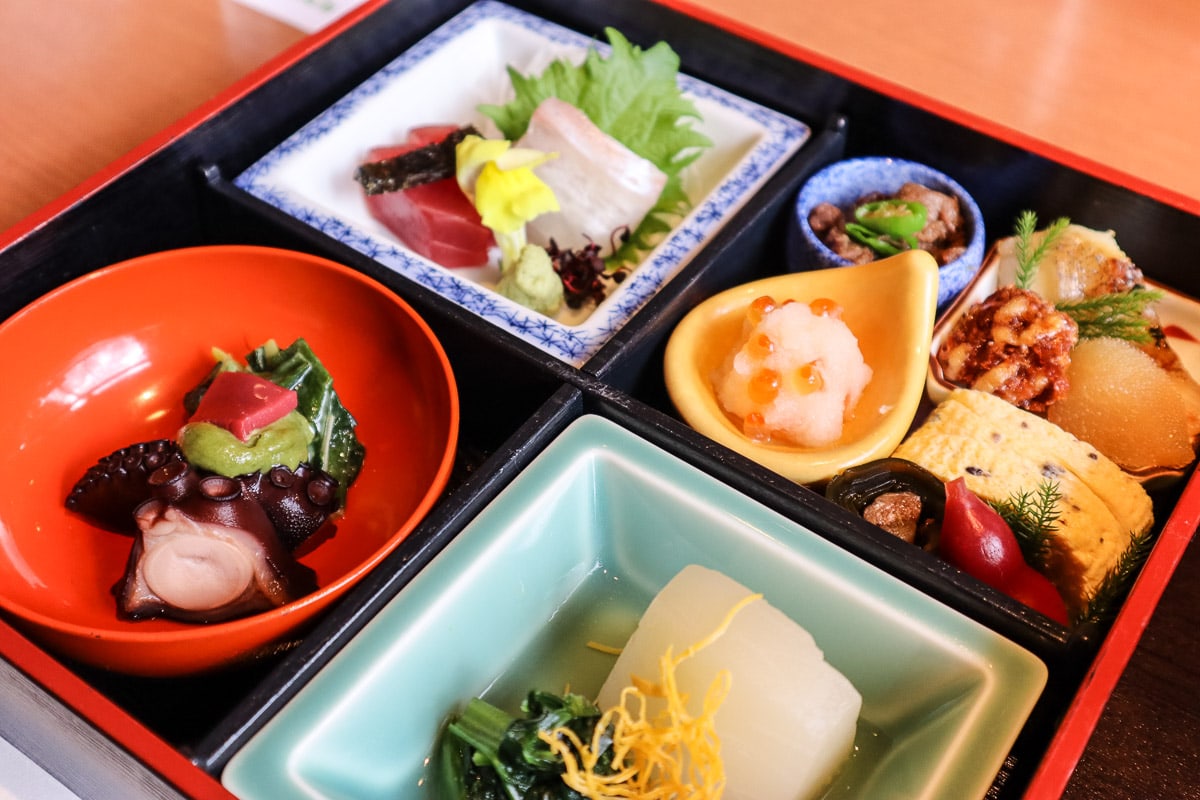 Traditional bento lunch at Hyoe Koyokaku, Arima Onsen, Japan