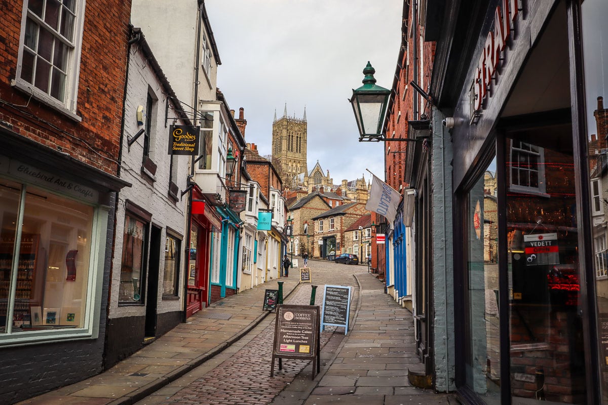 View up Steep Hill to Lincoln Cathedral