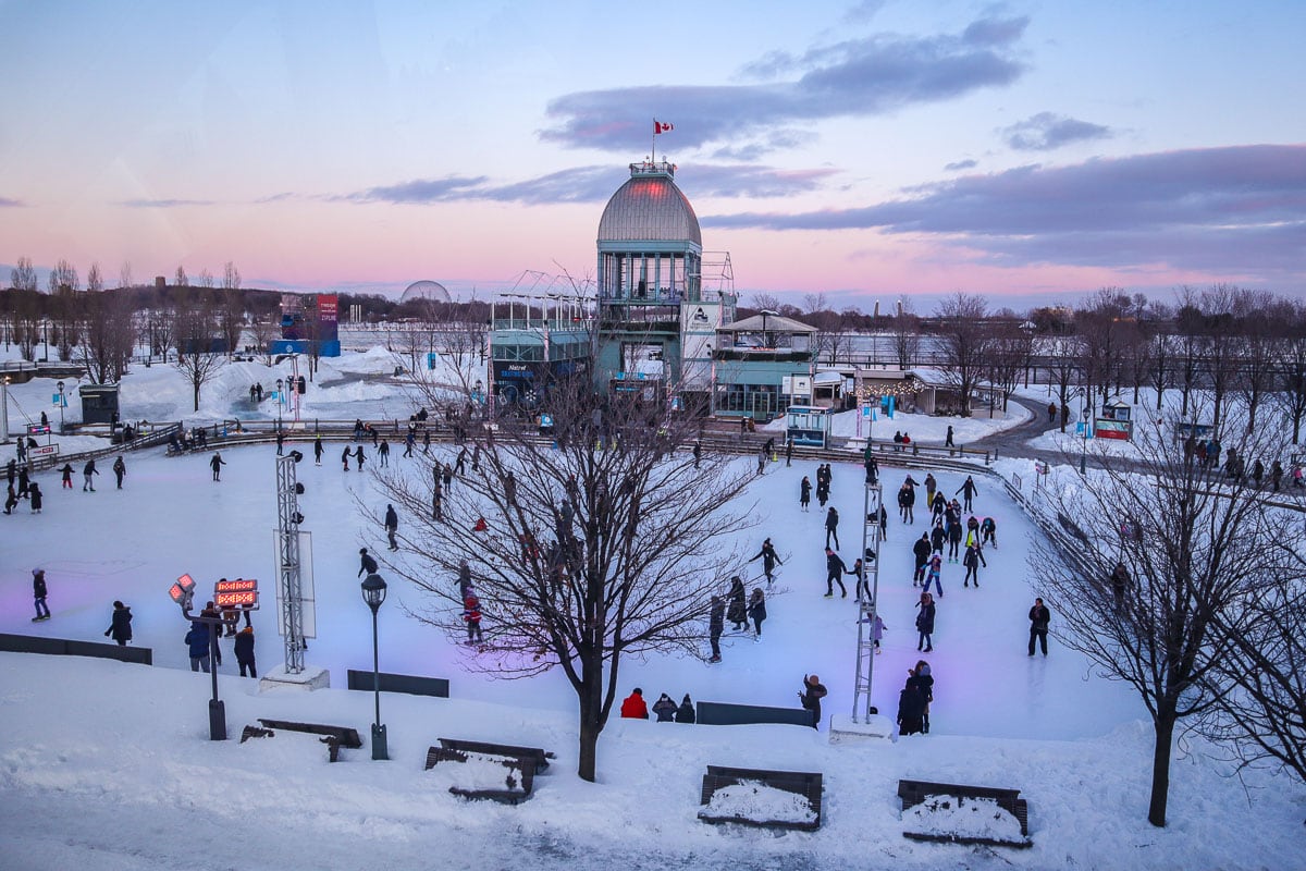 Sunset over the ice rink in Montreal