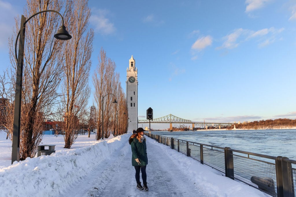 Walking by the clock tower in Montreal