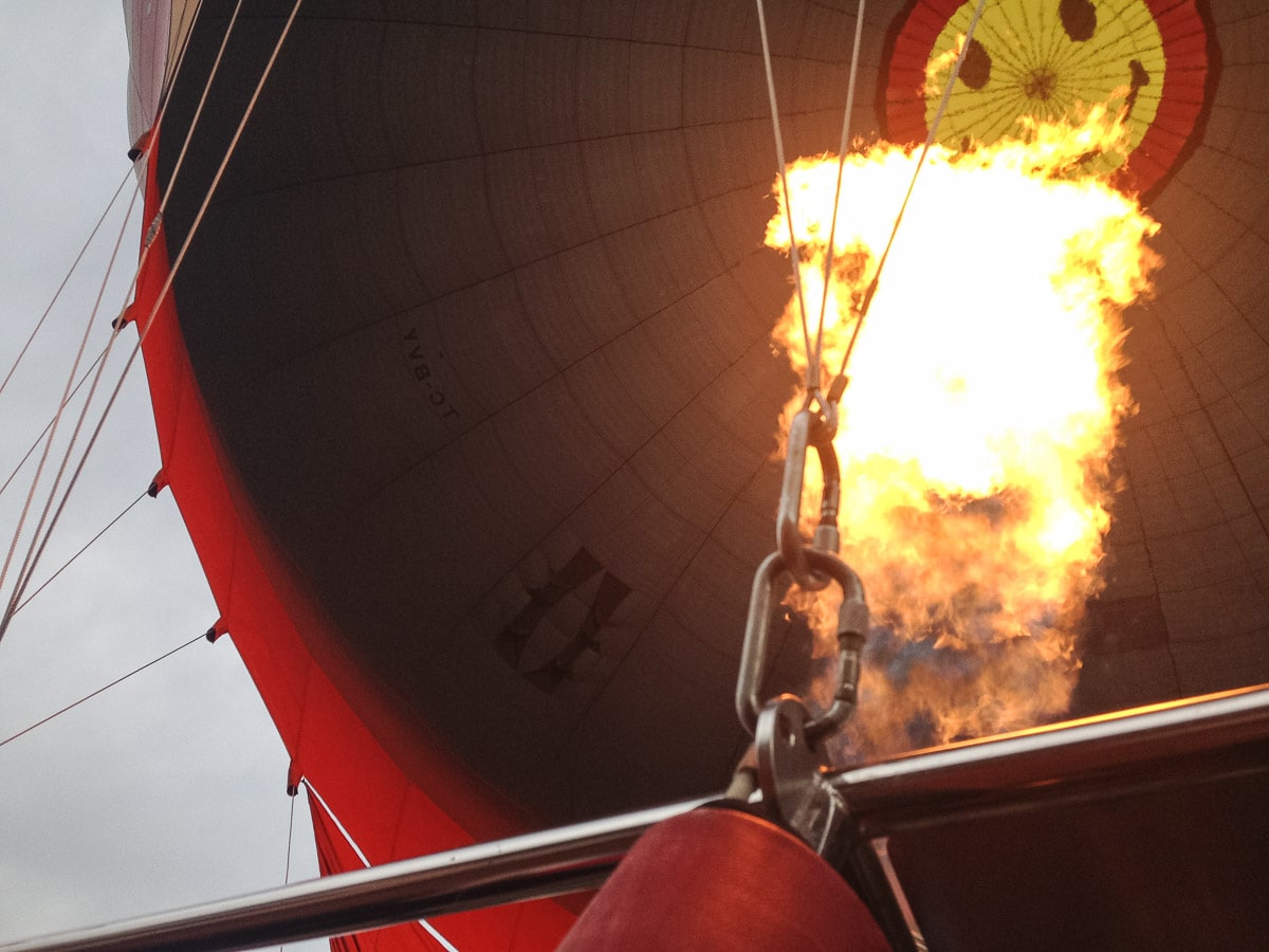 Firing up our hot air balloon in Cappadocia