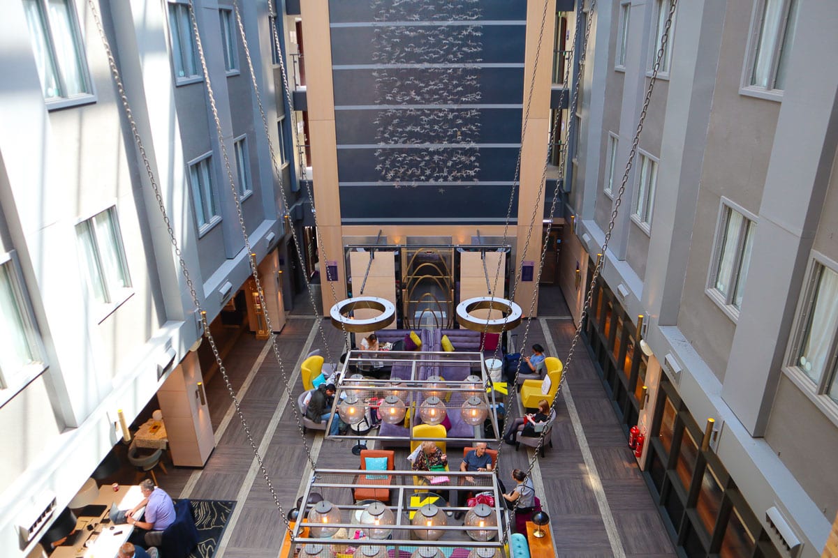 View over the lobby at Premier Inn King's Cross