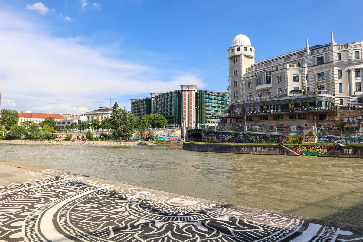 Interesting buildings and street art along the Danube Canal, Vienna