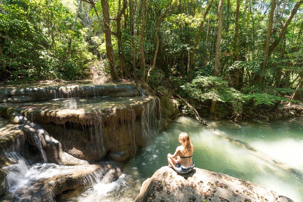 Looking out over Erawan Waterfalls, Thailand