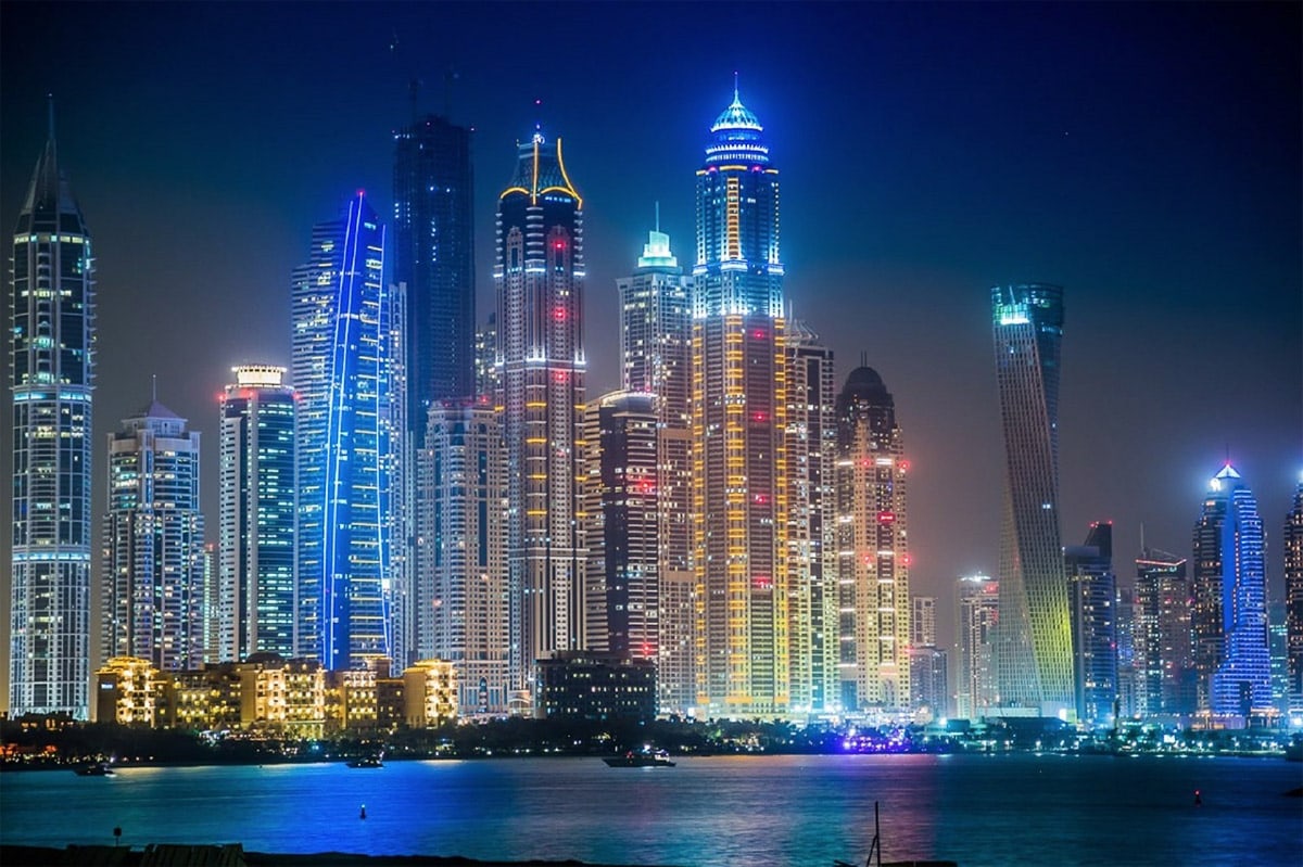 The famous Dubai skyline at night