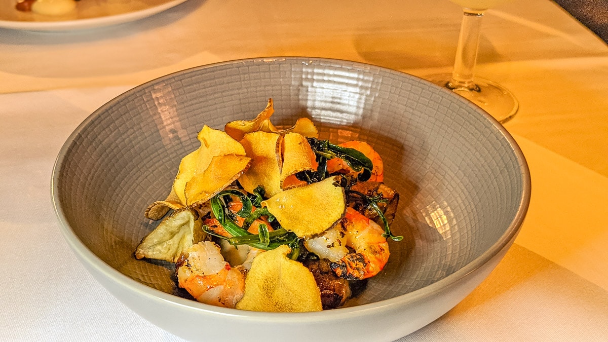 Chargrilled prawns and jerusalem artichoke at Tredwells