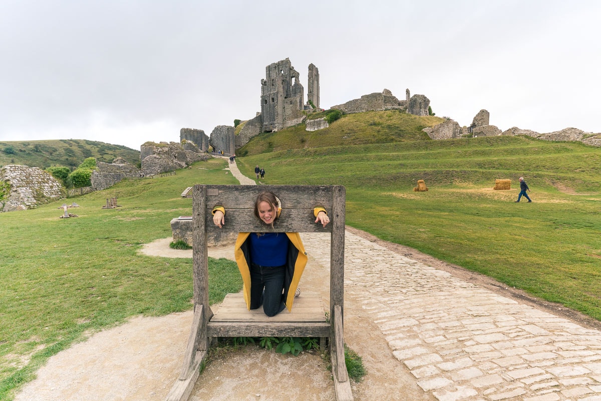 In the stocks at Corfe Castle, Dorset