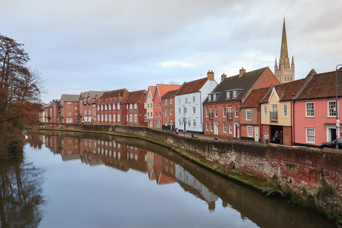 Pretty streets of Norwich lining the River Wensum