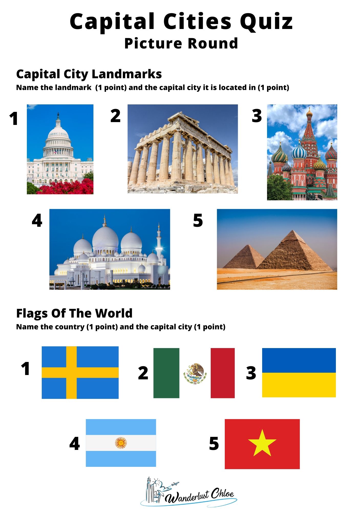 Capital cities quiz questions and answers - picture round