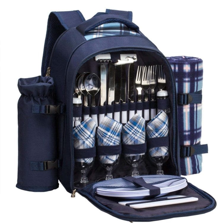 Sunflora Picnic Backpack for 4 Person Set Pack Navy and Blue Stripe Insulated Picnic Backpack for 2 Person Bag with Cooler Compartment 