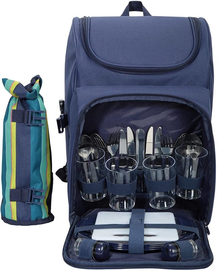 Picnic Backpack Bag for 2 Person with Cooler Compartment, Detachable  Bottle/Wine Holder, Fleece Blanket, Plates and Cutlery (Blue) 