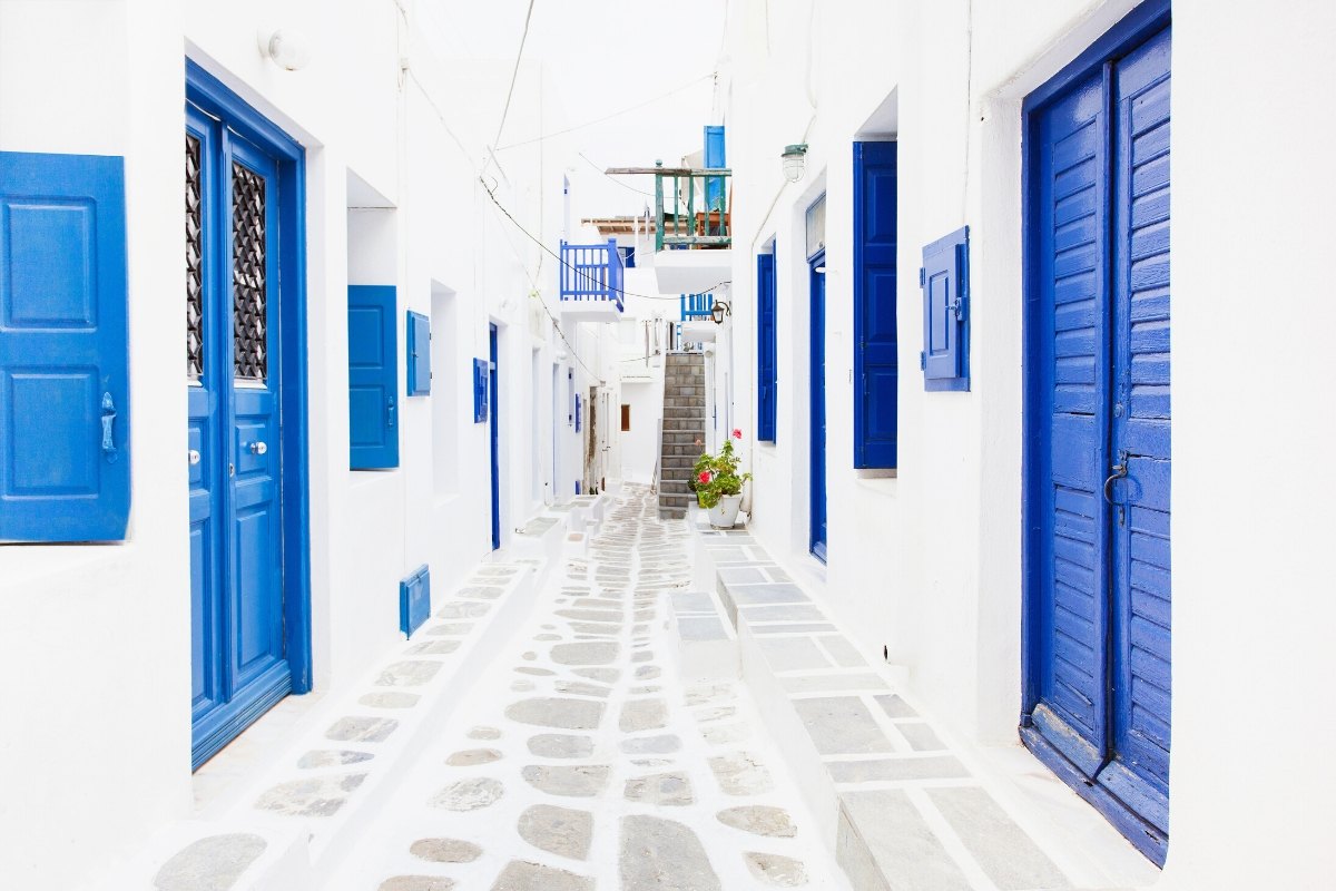 The blue and white streets of Mykonos, Greece